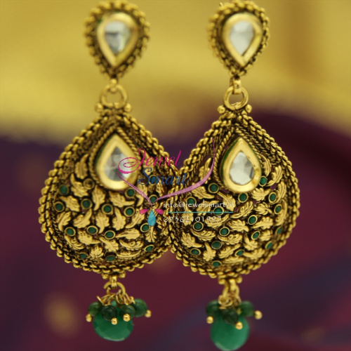 E4246 Gold Plated Antique Green Stones Long Earrings Jhumka Synthetic Stones 