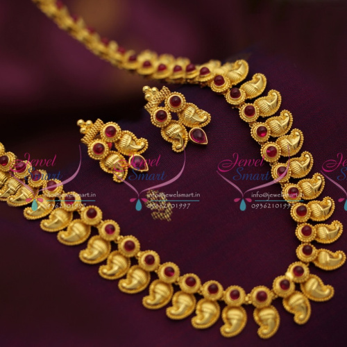 NL1374 Temple Kempu Mango Delicate Gold Design Haram Work Long Necklace Traditional South Indian Jewelry