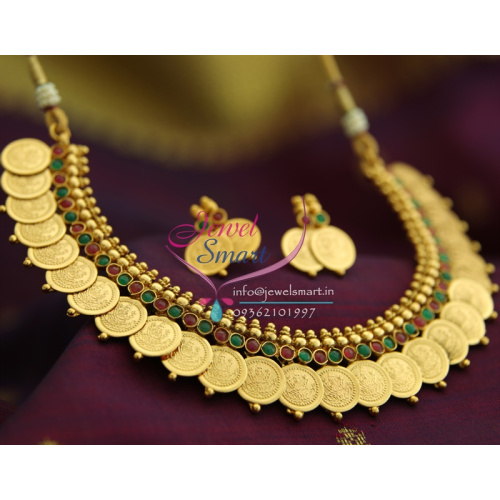 NL1382 Temple Jewellery Laxmi Coin Necklace Maroon Green Stones Indian Traditional Necklace