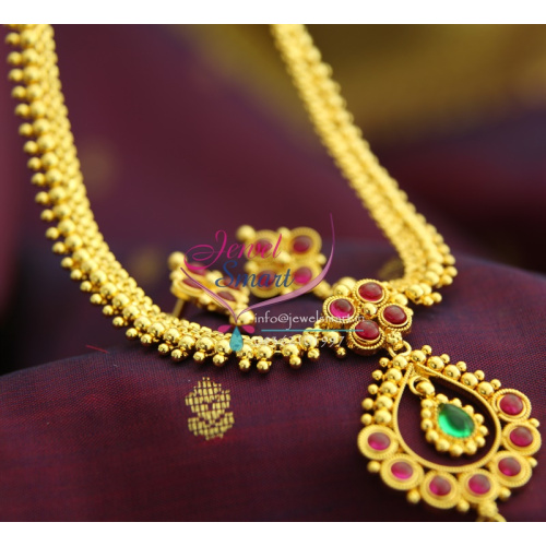 NL1388 Beads Gold Design Chain Necklace Kempu Temple Stones Pendant Traditional South Jewellery