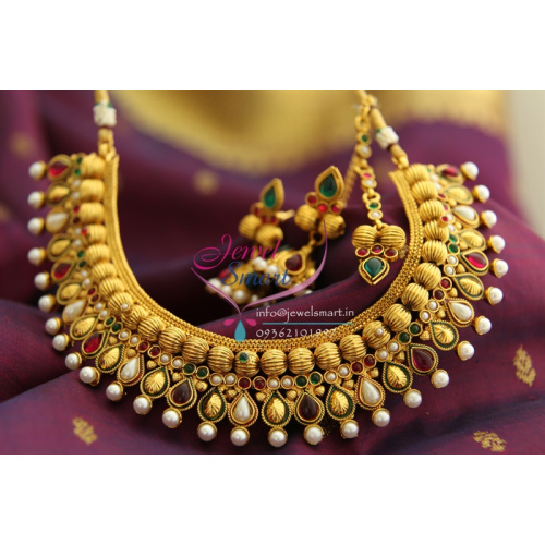 NL1392 Beads Fancy Design Red Green Pearl Antique Gold Plated Necklace Jhumka Tikka Online Offer