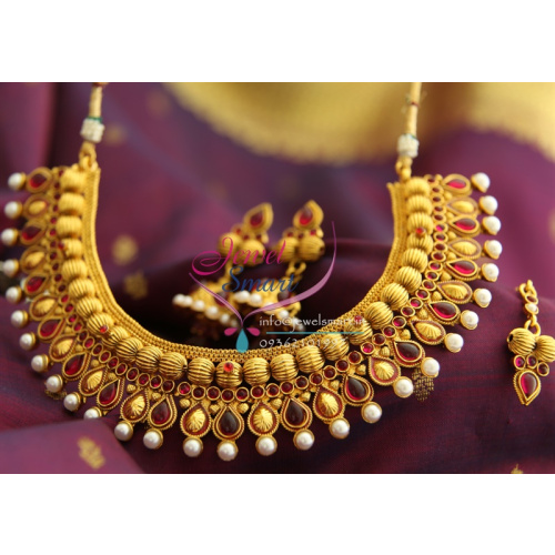 NL1393 Beads Fancy Design Red Pearl Antique Gold Plated Necklace Jhumka Tikka Online Offer
