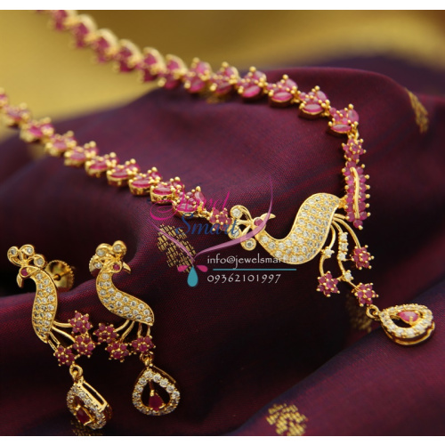 Indian Traditional Peacock Jewelry Gold Plated Ruby Mini Long Necklace Haaram Fashion Earrings