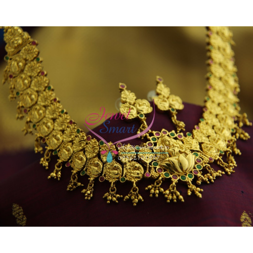 NL1417 Temple Laxmi God Traditional Nakshi Pendant Ruby Emerald Broad Grand Jewellery Set