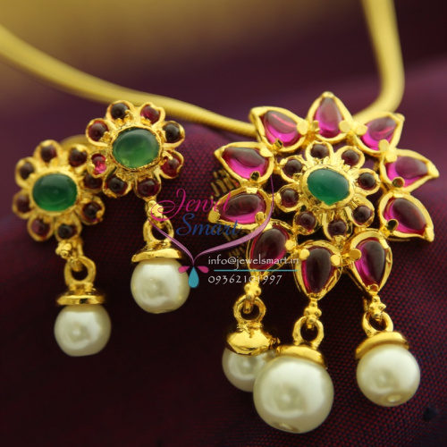 PS1424 Temple Kempu Spinel ruby Pearl Drops Chain Pendant Earring Fancy Jewelry