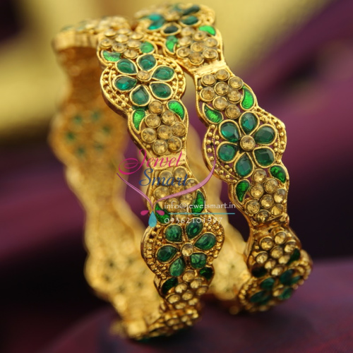 B1442S 2.4 Size Green Polki Meena Work Brass Metal Handwork Antique Gold Plated Bangles
