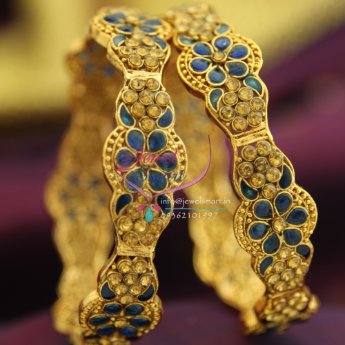 B1444X 2.10 Size Sapphire Blue Polki Meena Work Brass Metal Handwork Antique Gold Plated Bangles