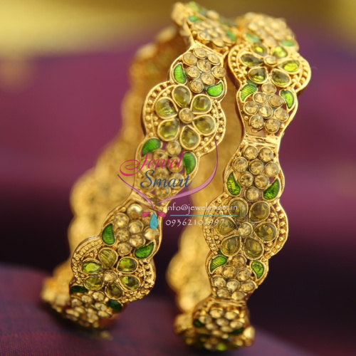 B1445S 2.4 Size Parrot Green Polki Meena Work Brass Metal Handwork Antique Gold Plated Bangles