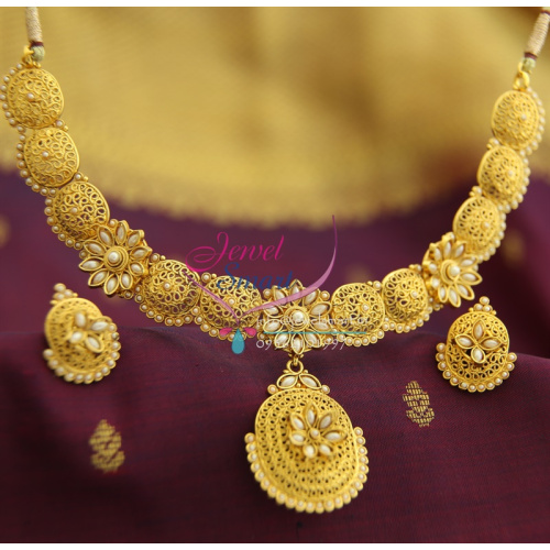 NL1459 Gold Plated Brass Delicate Work Design Synthetic Pearl Fashion Necklace