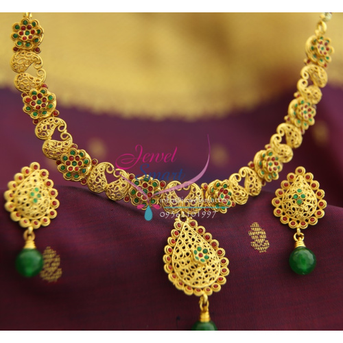 Gold Like Delicate Necklace Intricate Work Synthetic Ruby Emerald or Pearl Stones