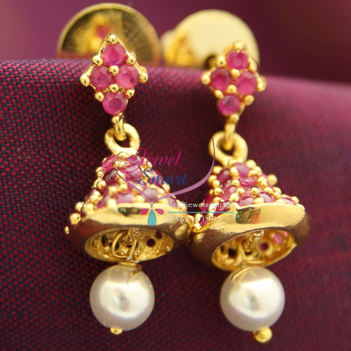 J0916 Small CZ Ruby Pearl Drops Jhumka Fancy Imitation Jewellery Online
