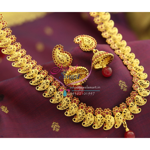 NL1495 Maroon Green Mango Design Intricate Work Gold Finish Haram Jhumka Long Necklace Buy Online