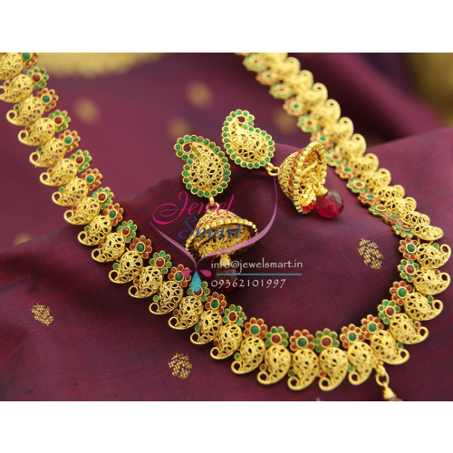 NL1496 Maroon Green Mango Design Intricate Work Gold Finish Haram Jhumka Long Necklace Buy Online