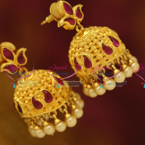 J1548 Gold Plated Spinel Ruby Curve Design Pearl Drops Fancy Jhumka Online