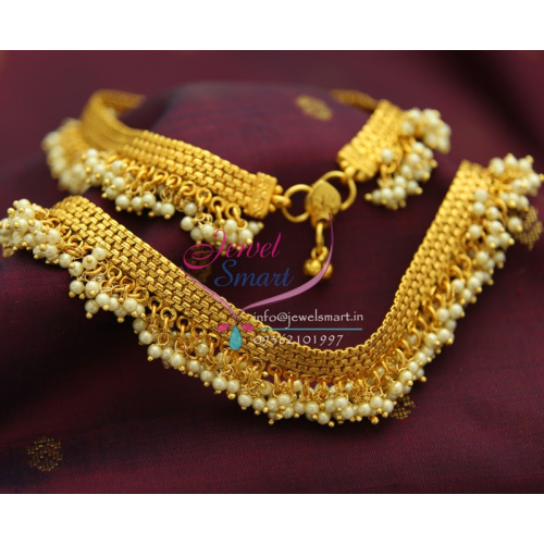 P1550 Antique Anklets Pearl Drops Grand Payal 10 Inches Broad Handmade Design