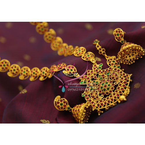 NL1553 Temple Kempu Mango Traditional Gold Design Tikka Haram Long Necklace Jhumka Earrings Buy Online Cheap