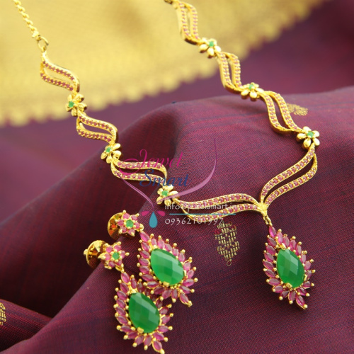 NL1565 Ruby Emerald Semi Precious Stones Gold Design Plated Jewellery Necklace Set Online