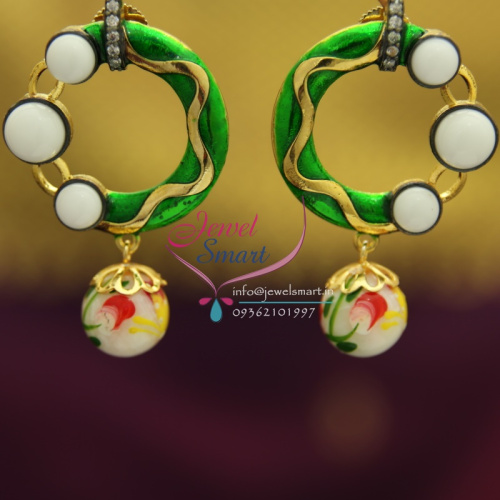 E1658 Meenakari Green White Gold Plated Multi Color Beads Hanging AD Stones Fancy Earrings Online Offer Price