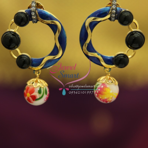 E1659 Meenakari Blue Black Gold Plated Multi Color Beads Hanging AD Stones Fancy Earrings Online Offer Price
