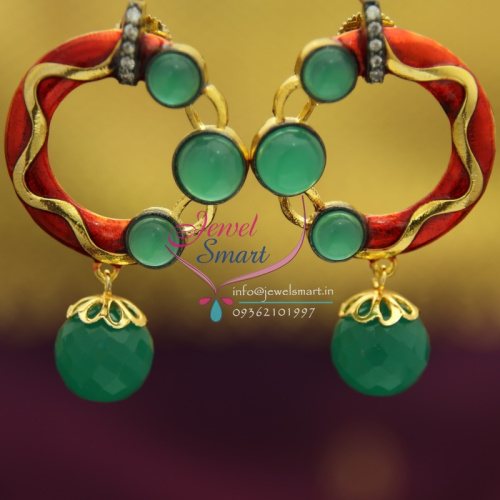 E1662 Meenakari Red Green Gold Plated Multi Color Beads Hanging AD Stones Fancy Earrings Online Offer Price