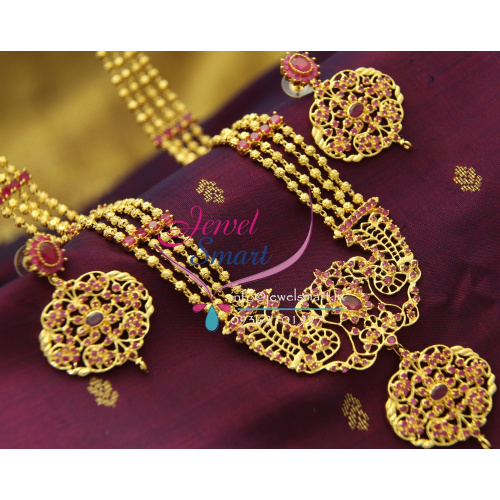 NL1687 4 Strand One Gram Gold Plated Beads Haram Long Necklace Traditional Indian Jewellery Online