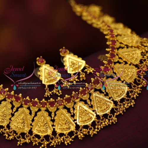 N3856 Ruby Grand Choker Temple Jewellery Broad Grand Necklace Laxmi God Design