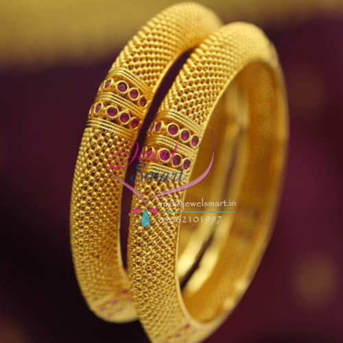 B1843 Gold Plated Beads Design Ruby Stones Broad Bangles Party Wear Jewellery