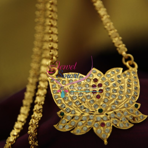 CS1876 South Indian Lotus Traditional Jewellery American Diamond Gold Plated Handwork Pendant Chain