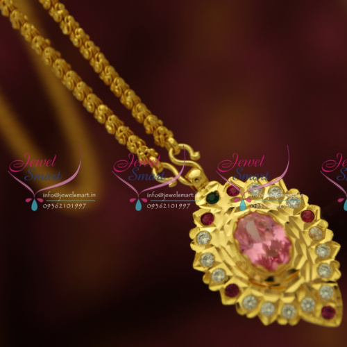 CS1877 Pink Pendant Chain South Indian Traditional Jewellery American Diamond Gold Plated Handwork