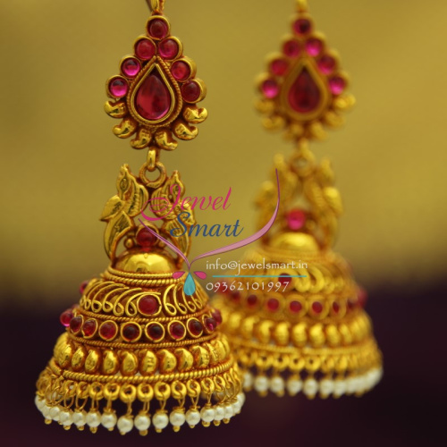 J1903 Broad Grand Temple Kempu Gold Design Ruby Beads Hangings Dulhan Jhumka Buy Online