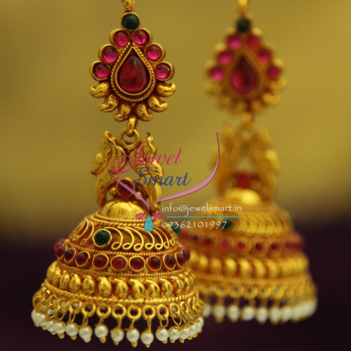 J1904 Broad Grand Temple Kempu Gold Design Ruby Beads Hangings Dulhan Jhumka Buy Online
