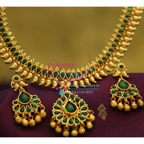 NL1912 Gold Plated Mango Design Green Color Stones Traditional Indian Jewellery Set