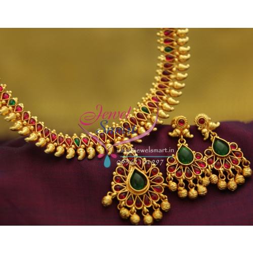 NL1913 Gold Plated Mango Design Red Green Color Stones Traditional Indian Jewellery Set