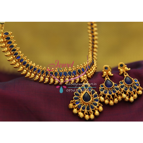 NL1915 Gold Plated Mango Design Blue Color Stones Traditional Indian Jewellery Set