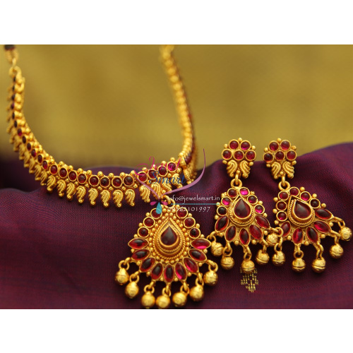NL1918 Gold Plated Mango Design Red Color Stones Traditional Indian Jewellery Set