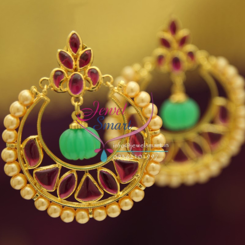E1931 Spinel Ruby Green Drops Round Shape Temple Kempu Earrings 