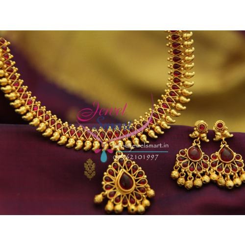 NL1932 Gold Plated Mango Design Red Color Stones Traditional Indian Jewellery Set