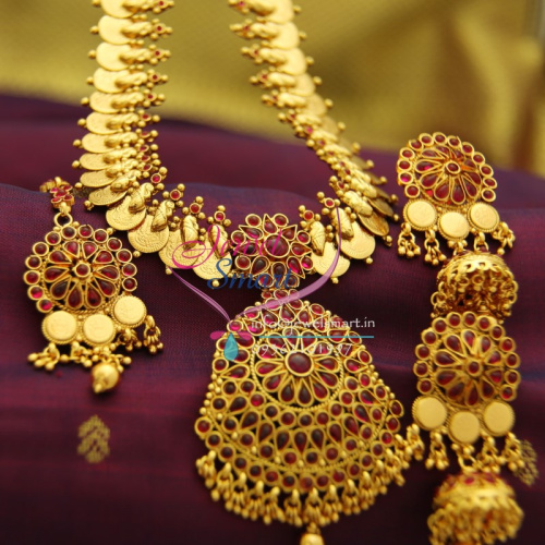 NL1937 Temple Kempu Laxmi God Coin Indian Traditional Haram Jewellery Long Necklace