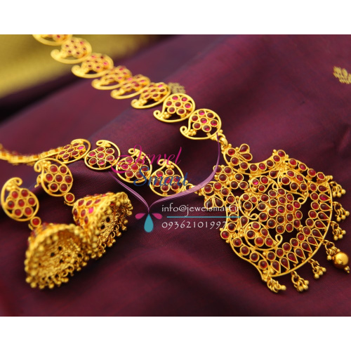 NL1940 Temple Kemp Ruby Mango Traditional Gold Design Haram Long Necklace Jhumka Earrings Buy Online
