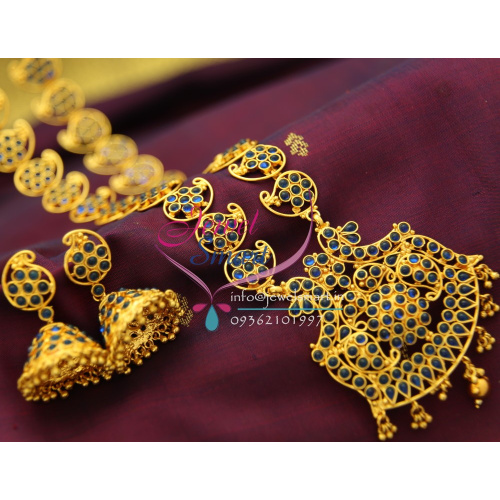 NL1943 Temple Kempu Blue Mango Traditional Gold Design Haram Long Necklace Jhumka Earrings Buy Online