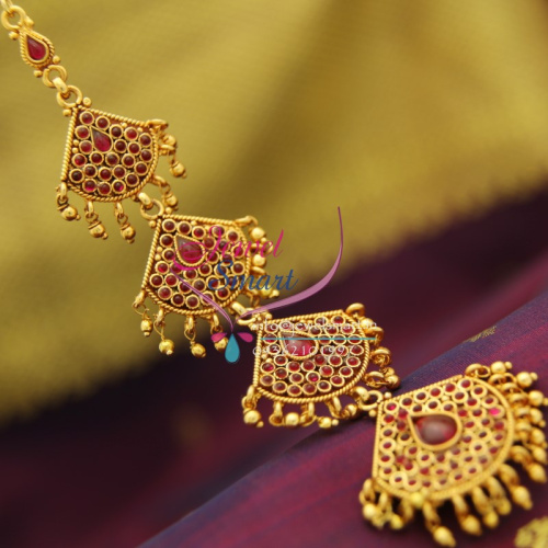 T1967 South Indian Traditional Nethichutti Temple Kempu Mang Tikka Grand Wedding Bridal Jewellery Online
