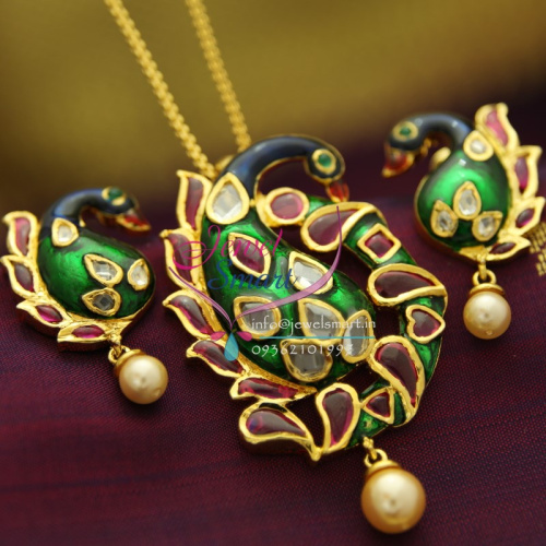 PS1996 Polki Stones Peacock Design Meenakari Ruby Fancy Trendy Jewellery Pendant Buy Online
