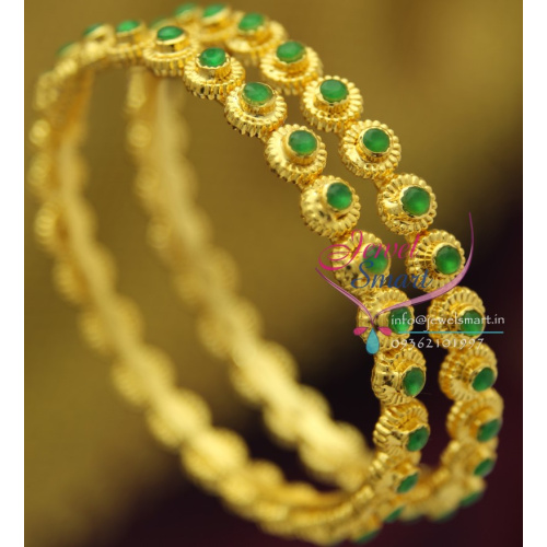 B2000 2.4 Size Temple Jewellery Matching Semi Precious Emerald Stones Floral Design Latest Bangles
