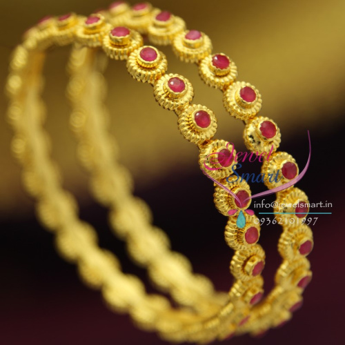B2001B 2.8 Size Temple Jewellery Matching Semi Precious Ruby Stones Floral Design Latest Bangles