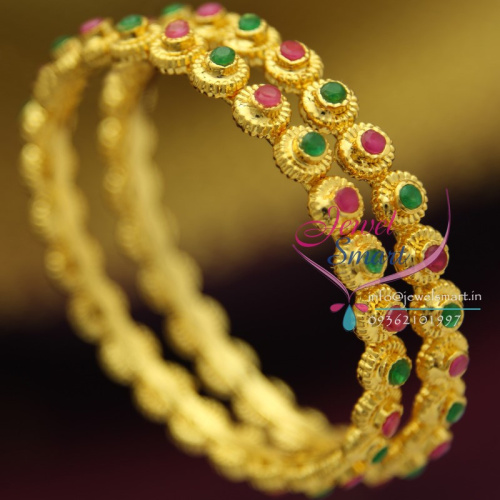 B2002 2.8 Size Temple Jewellery Matching Semi Precious Ruby Emerald Stones Floral Design Latest Bangles