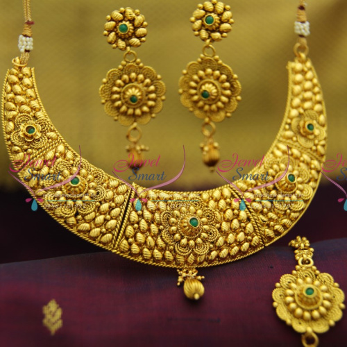NL2011 Gold Plated Antique Spiral Design Copper Handmade Fancy Necklace Jewelry Set Tikka