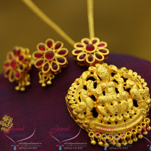 PS2021 Traditional Indian Temple Kempu Laxmi Gold Design Red Stones Bead Drops Pendant Earrings