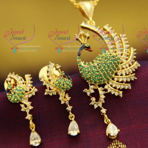PS2033 Stylish Peacock Meenakari CZ White Green Different Colour Combination Pendant Sets Online