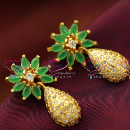 E2388 Screw Back Earrings Emerald White Gold Flower Pineapple Design Drops