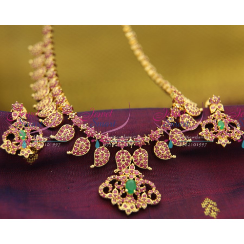 NL2395 Ruby Emerald Mango Indian Traditional Gold Design Broad Jewellery Set